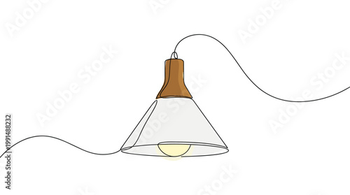 Minimalist continuous line drawing of a hanging ceiling lamp with light.
