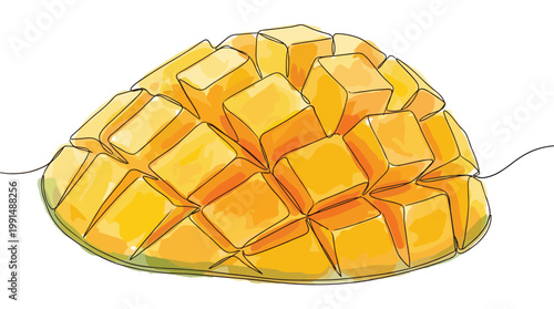 Continuous line drawing of a mango fruit cut into cubes.