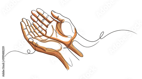 Continuous line art drawing of praying human hands in a minimalist style.