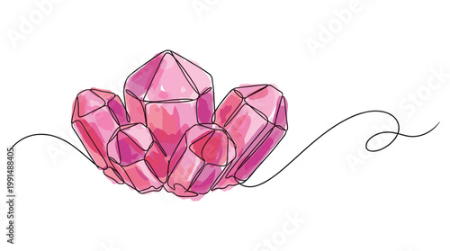 Raw pink quartz gemstone crystals bunch hand drawn one line art style.