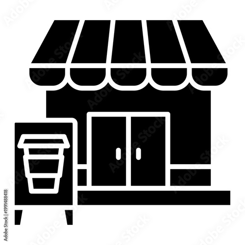 Coffee Shop Icon with Awning and Cup Sign