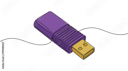 Portable purple usb flash drive device with gold connector line style.