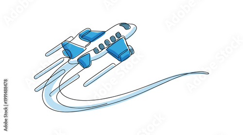 Airplane with blue accents flying fast with motion trail in sky.