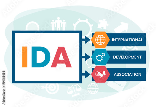 IDA, INTERNATIONAL DEVELOPMENT ASSOCIATION acronym. Concept with keyword and icons. Flat vector illustration. Isolated on white.