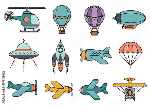 Vintage Aviation and Aircraft Icons Set: Retro Airplanes, Helicopters, Rockets, and Hot Air Balloons Illustrations