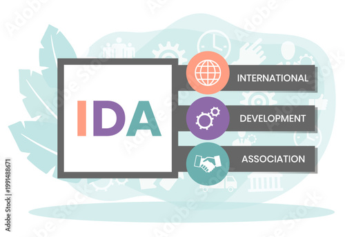 IDA, INTERNATIONAL DEVELOPMENT ASSOCIATION acronym. Concept with keyword and icons. Flat vector illustration. Isolated on white.