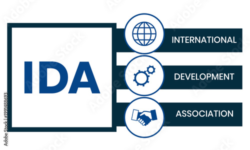 IDA, INTERNATIONAL DEVELOPMENT ASSOCIATION acronym. Concept with keyword and icons. Flat vector illustration. Isolated on white.