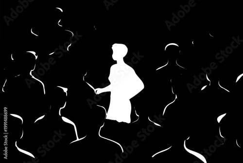 Conceptual vector illustration of social invisibility with a group of fading people and one person standing out in a crowd representing isolation and loneliness