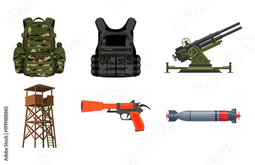 Vector illustration set of military weapons, defense gear, and combat equipment