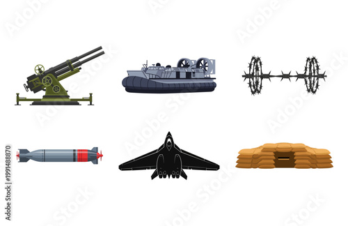 Modern Army Gear Vector Illustration Set Weapons, Vehicles, and Defensive Structures