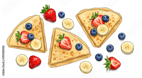 Illustration of triangular crepes topped with fresh fruit including strawberries, blueberries, and banana slices on a white background