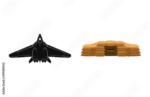 Vector illustration of a stealth fighter jet and a military bunker