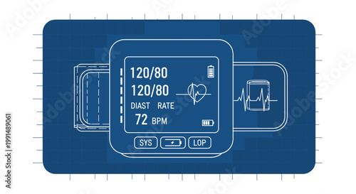 Digital blood pressure monitor screen displaying vital statistics in a sleek, modern design on a blue technical background