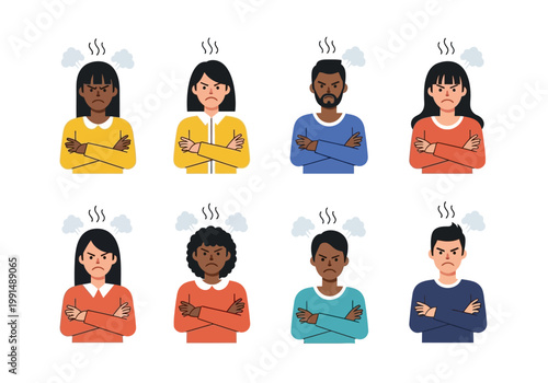 Set of Diverse Angry People Avatars with Crossed Arms and Steam from Heads - Flat Vector Illustration of Frustrated Characters