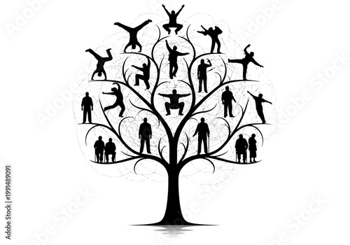 Family Tree Concept Silhouette Illustration Featuring People in Various Life Stages and Activities Representing Growth, Genealogy, and Human Development