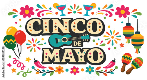 Cinco de mayo celebration with guitar, balloons, maracas, and fireworks. Festive illustration with chili peppers and flowers. Mexican holiday theme, vibrant colors, party atmosphere.