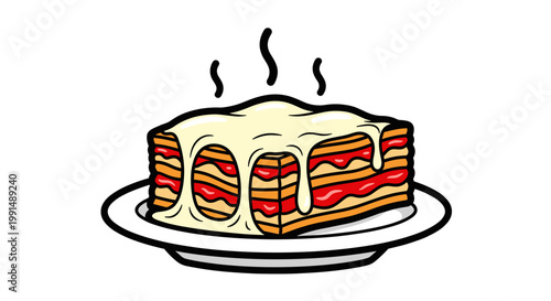 Steaming lasagna with layers of rich tomato sauce and melted cheese on a white plate, illustrated in a vibrant and bold cartoon style against a white background