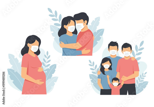Family and Pregnant Woman Wearing Protective Face Masks Vector Illustration - Health, Safety, and Pandemic Prevention Concept