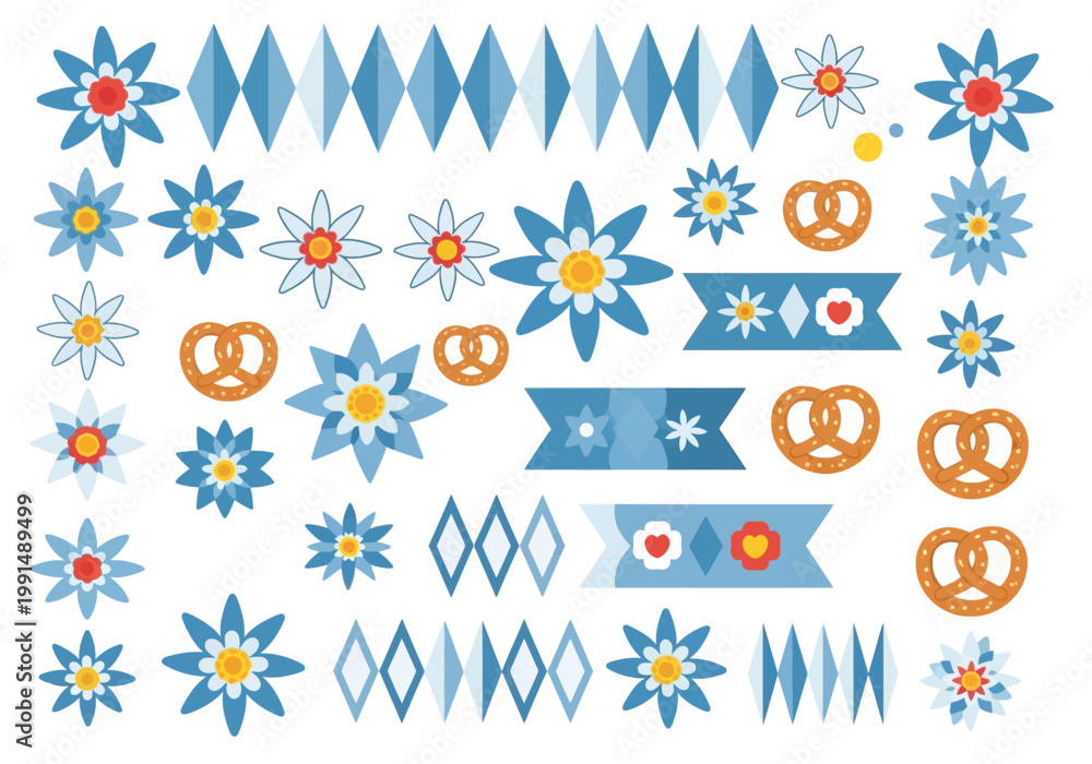 Obraz premium Bavarian Edelweiss Flowers and Pretzels Graphic Elements Collection.