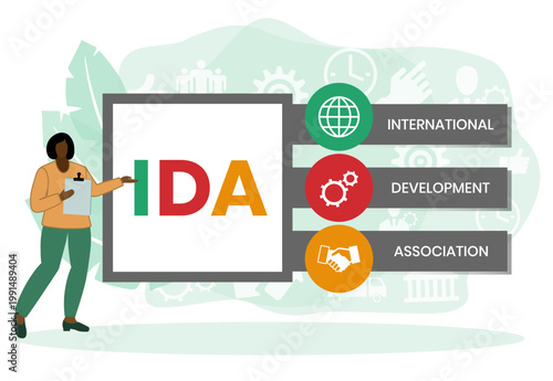 IDA, INTERNATIONAL DEVELOPMENT ASSOCIATION acronym. Concept with keyword and icons. Flat vector illustration. Isolated on white.