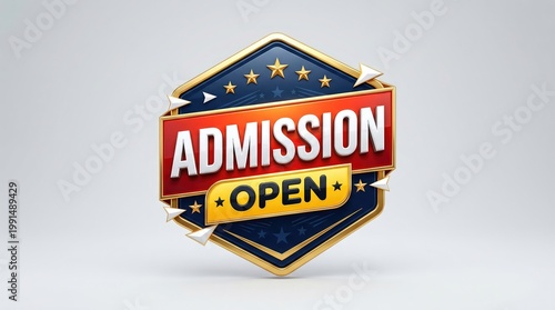 Vintage admission open badge with stars and bold text on white background