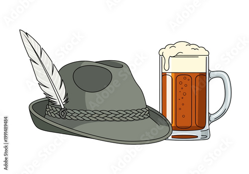 Traditional Bavarian Hat and Beer Mug Oktoberfest Celebration.