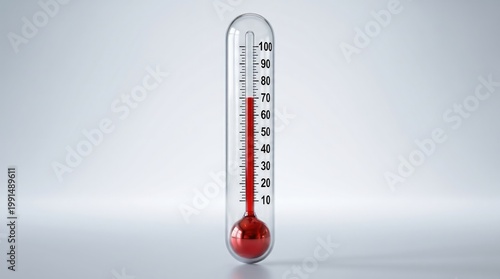 Classic red mercury thermometer measuring temperature on white background