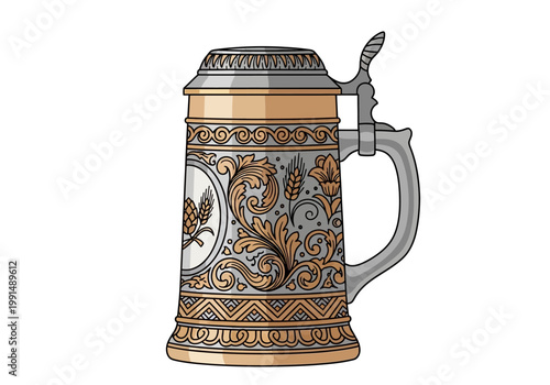 Traditional German Beer Stein with Ornate Decorations and Pewter Lid.