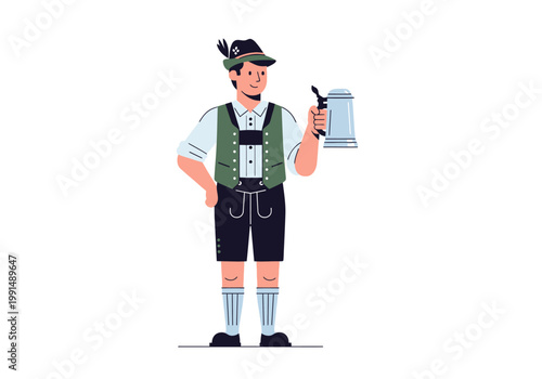 Man in Traditional German Lederhosen Holding a Beer Mug.