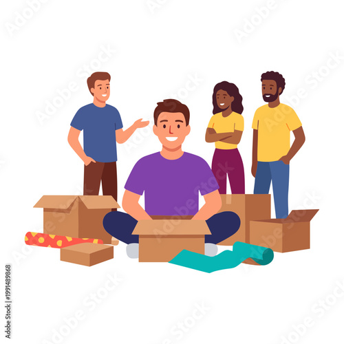 Four people are unpacking boxes in a lively home environment together