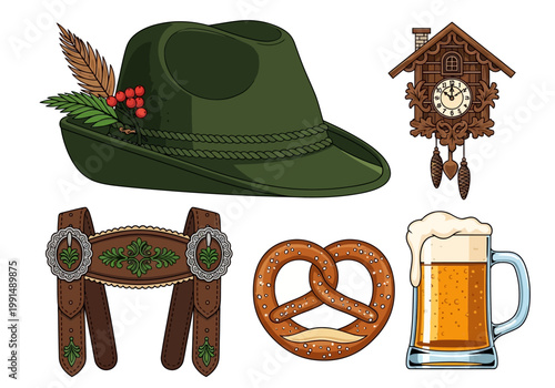 Traditional Bavarian Objects Collection for Oktoberfest Celebration.