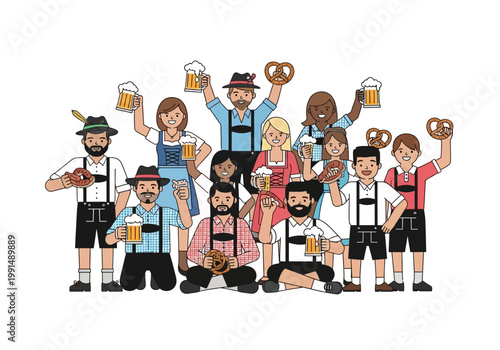 Oktoberfest Celebration Group of People Holding Beer and Pretzels.