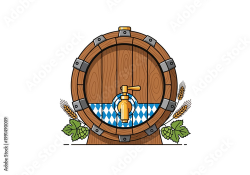 Wooden beer barrel with tap and Bavarian pattern.