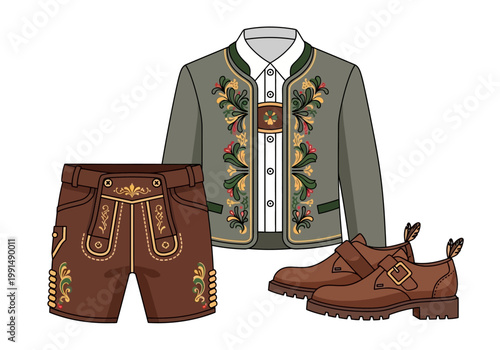 Traditional Bavarian Lederhosen Outfit with Jacket and Boots.