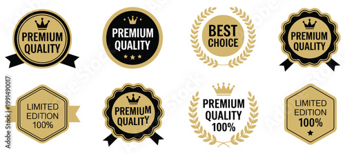 Premium Quality Badge Icons Set, Collection Of Golden Seal Symbols Including Best Choice, Limited Edition, And Quality Guarantee Emblems In Elegant Style For Ecommerce Branding, Product Packaging