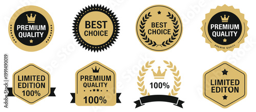 Premium Quality Badge Icons Set, Golden Seals, Best Choice Labels, Limited Edition Marks, And Guarantee Emblems In Luxury Style, Ideal For Ecommerce, Packaging, Branding, Certification