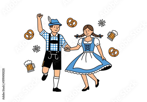 Couple Dancing in Traditional Bavarian Outfits Celebrating Oktoberfest.