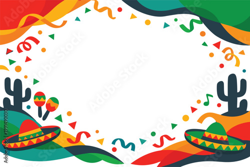 Decorative cinco de mayo border with colorful abstract shapes, wavy lines, cacti, sombreros, and maracas. Festive confetti and streamers create a celebratory atmosphere.