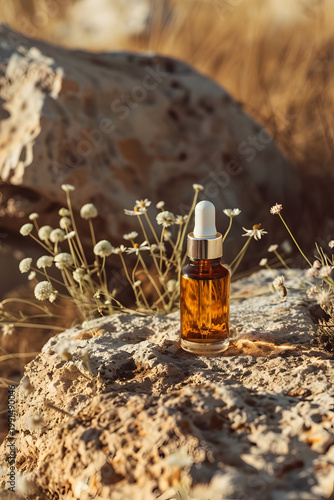 Glass bottle with dropper sits on a rock surrounded by small flowers in a natural setting during daylight hours