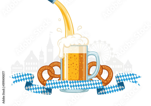 Beer Mug With Pretzels And Bavarian Ribbon.