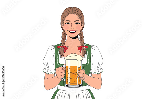 Young woman in traditional German dress holding a large beer mug.