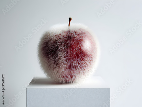Unique apple with fuzzy texture displayed on a white stand against a plain background in a bright indoor setting