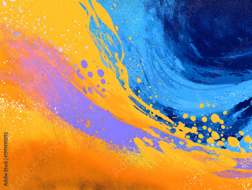 Bright colors swirl in a large abstract painting with shades of orange, blue, and purple in an energetic design on a canvas