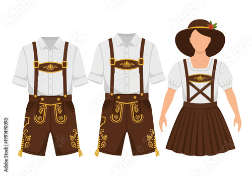 Traditional Bavarian Lederhosen and Dirndl Outfits for Oktoberfest Celebration.