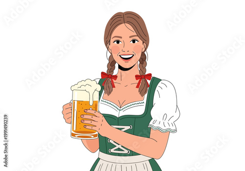 Young Woman in Traditional German Dirndl Holding a Frothy Beer Mug.