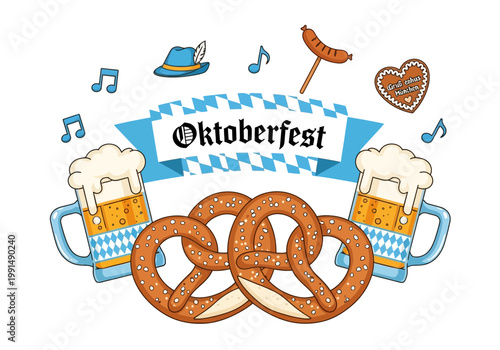 Oktoberfest Celebration with Pretzels and Beer Mugs.