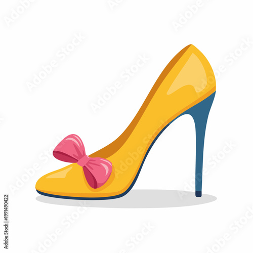 Yellow high heel shoe with pink bow