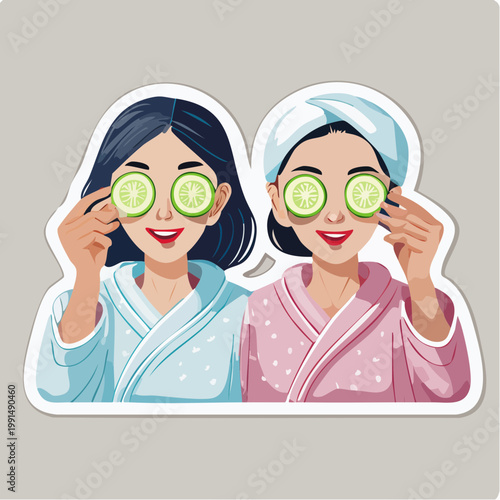 Two smiling women in bathrobes applying cucumber slices to their eyes