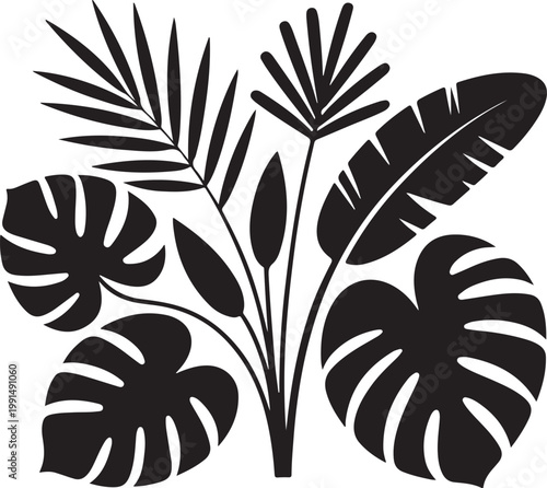 Tropical plant leaf arrangement with monstera and palm fronds, black silhouette on white background