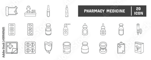 20 Pharmacy Medicine Line Icon Illustration Set